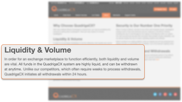 Capture d'écran du site web de QuadrigaCX avec texte agrandi (en version originale anglaise).