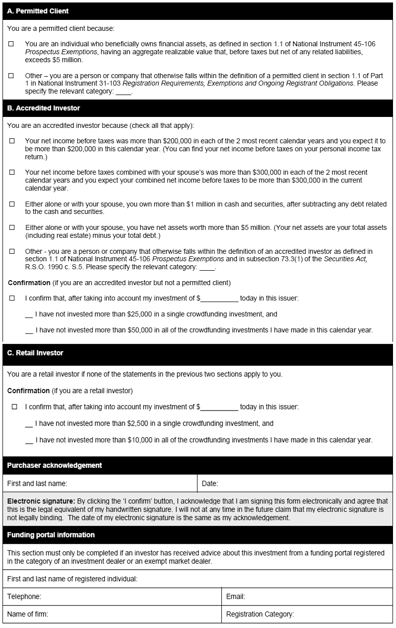 Confirmation of Investment Limits