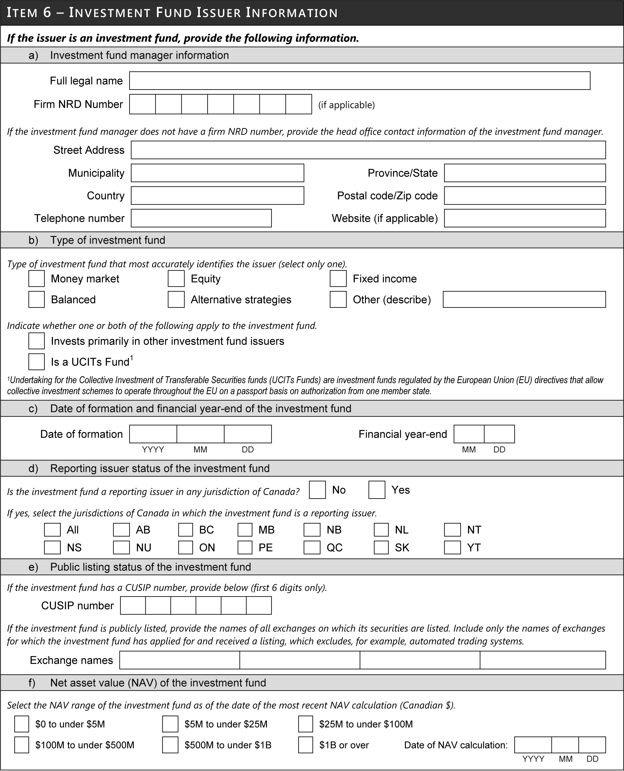 Investment Fund Issuer Information