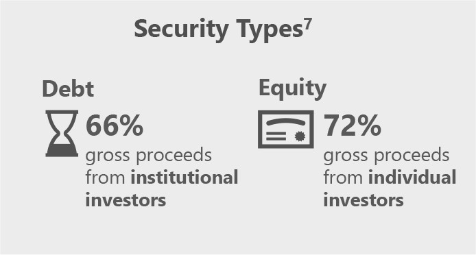 Infographic showing security types: Debt, 66% gross proceeds from institutional investors. Equity, 72% gross proceeds from individual investors.