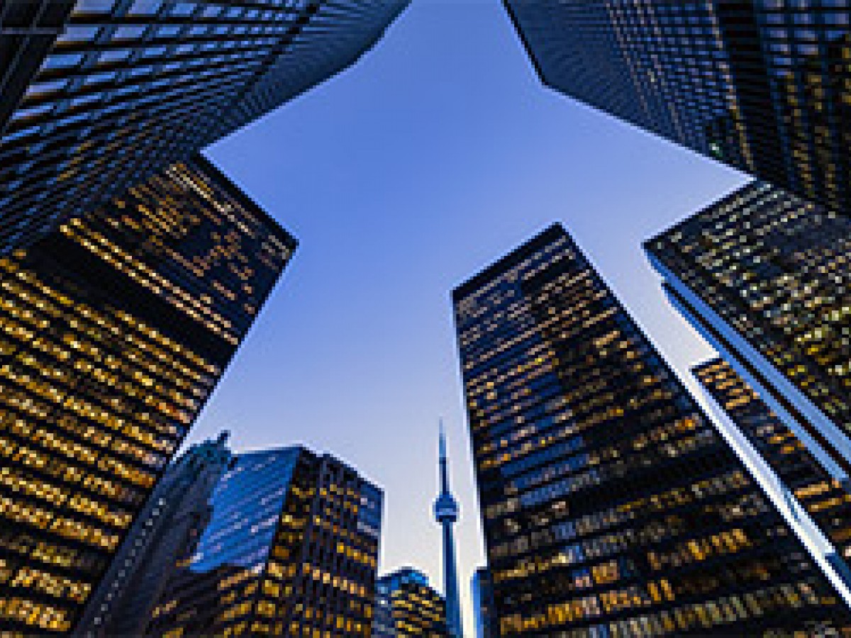 a city skyline at dusk