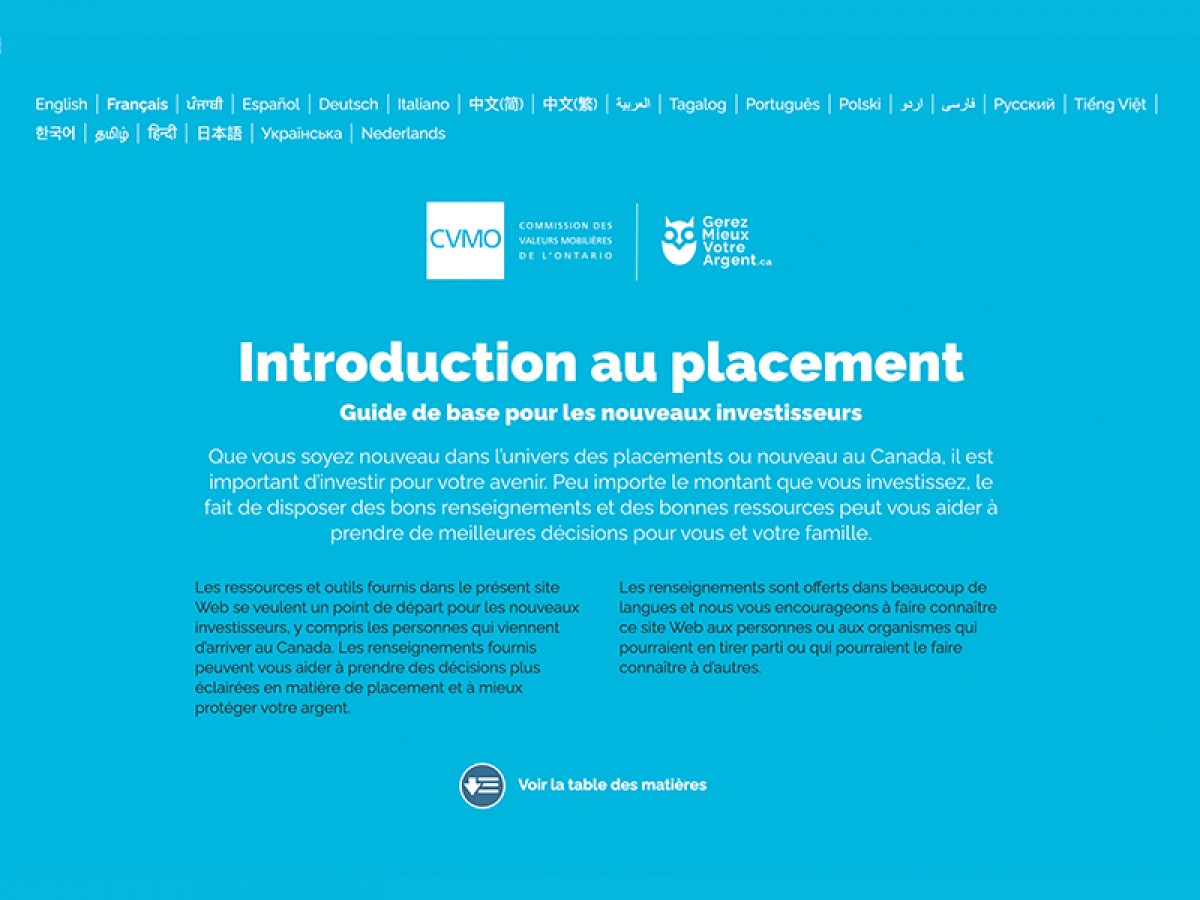 Page d'accueil de InvestingIntroduction.ca