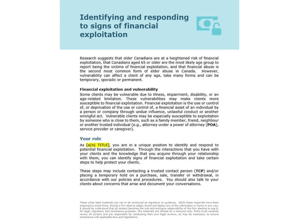 Identifying and responding to signs of financial exploitation