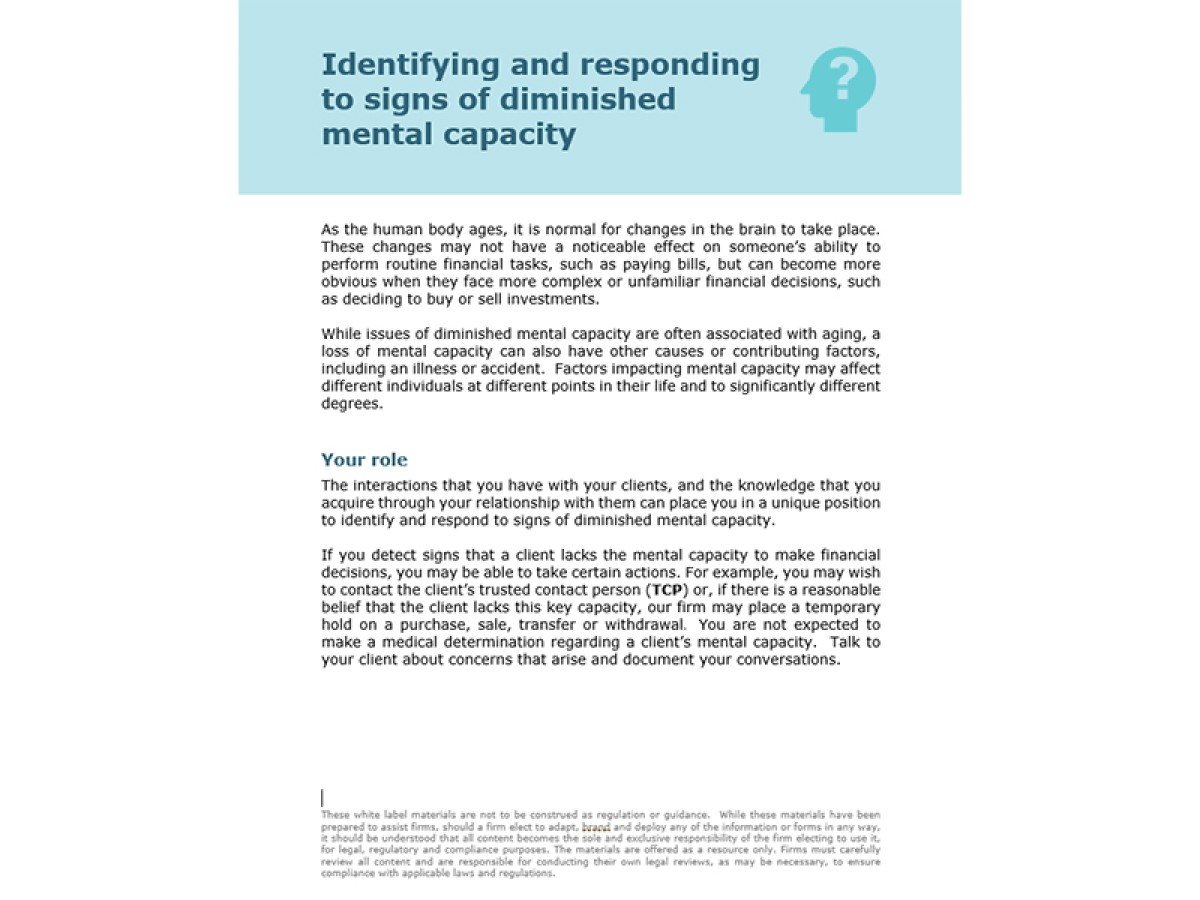 Identifying and responding to signs of diminished mental capacity