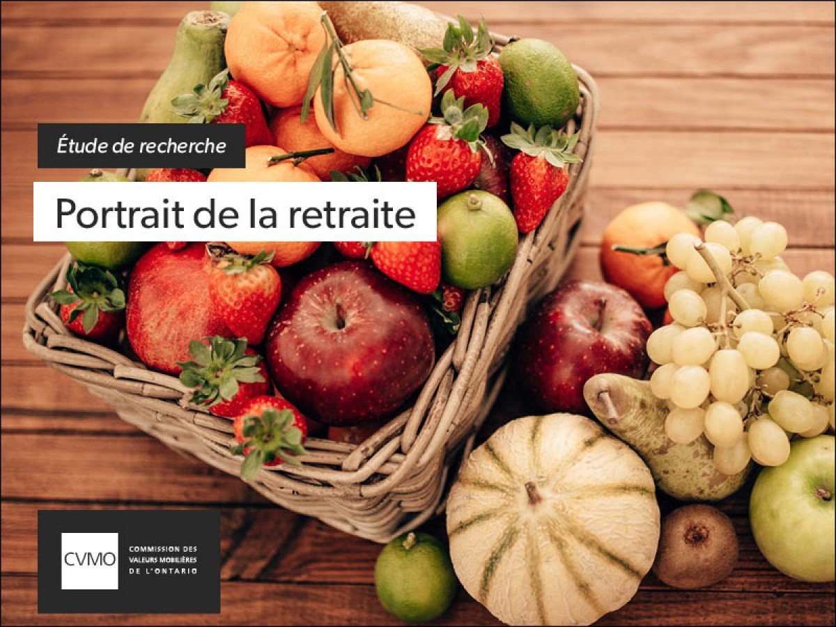 Une corbeille de fruits avec du texte superposé : étude de recherche sur les profils de la retraite