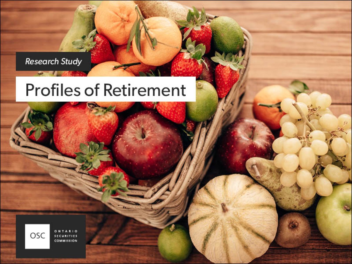 A fruit basket with text overlaid: research study profiles of retirement