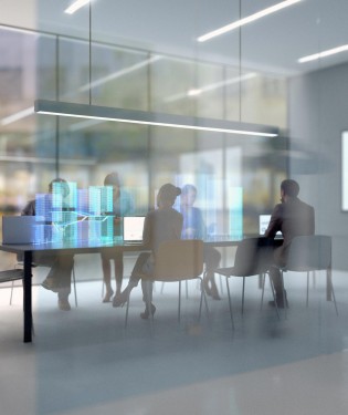Workers walking in an open office space