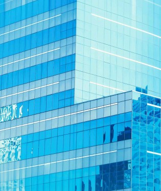 Side of blue glass building